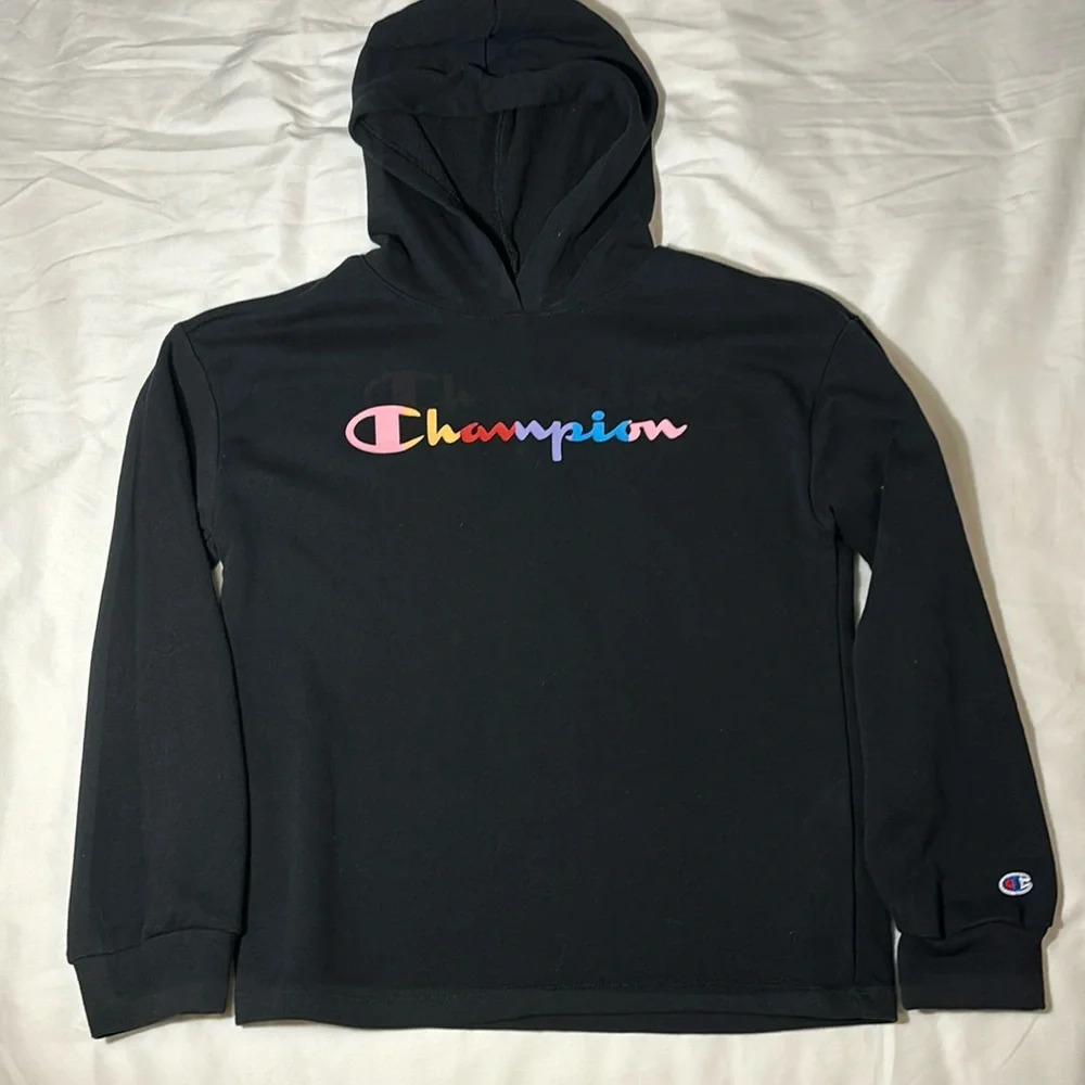 Champion Youth Girl's Long Sleeve French Terry Rainbow Script Hoodie - Picture 2 of 9